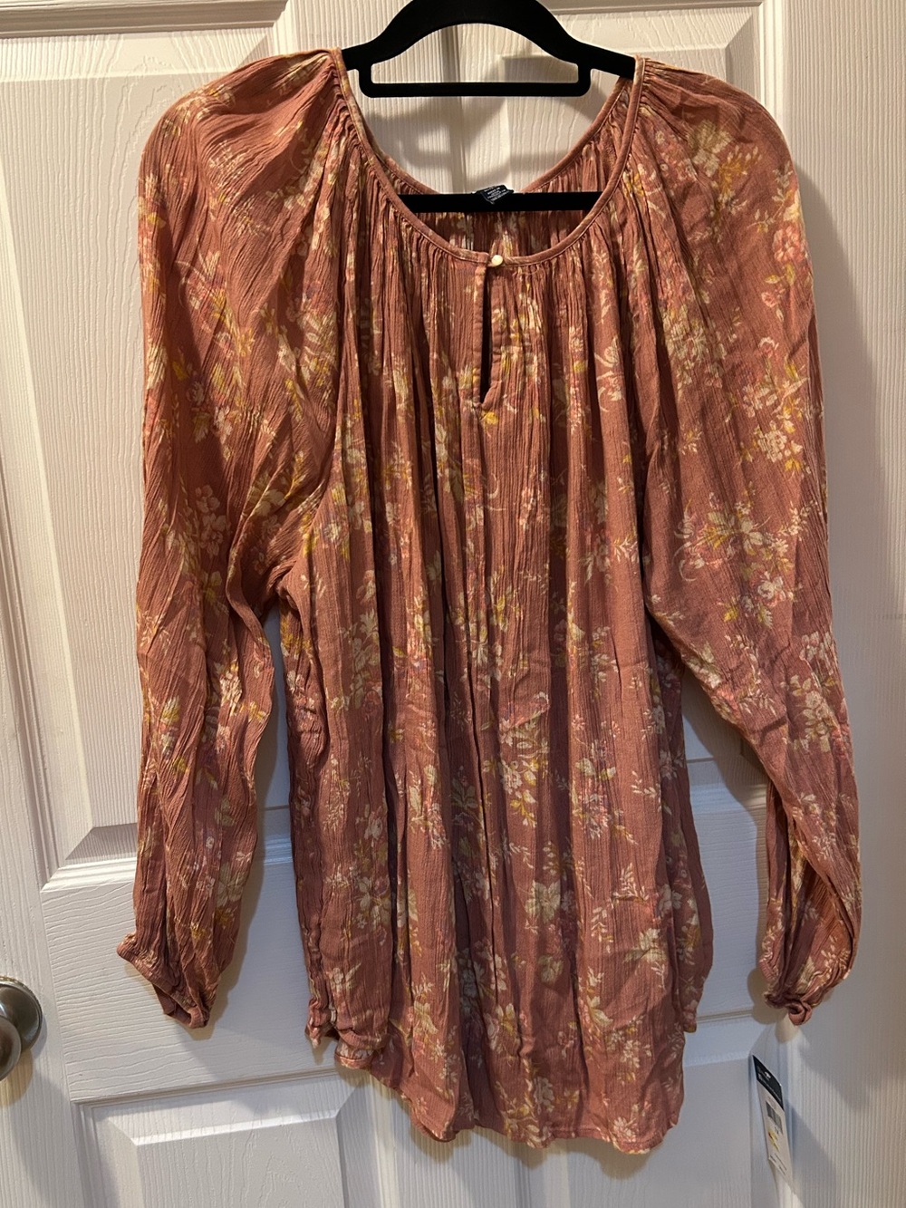 Chaps 1X Rust Floral Long-Sleeve Peasant Tunic Blouse Dusty Rose Boho Flowy NWT